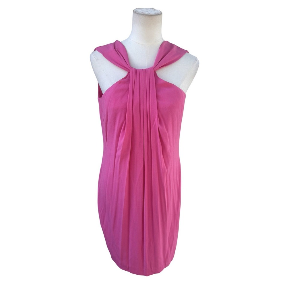 Etcetera Pink Sheath Dress Size 10 Pleated Neck Sleeveless Lined Career Party